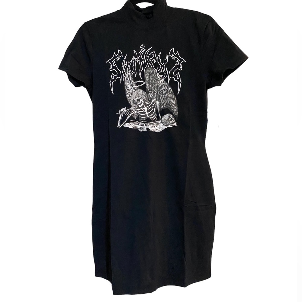witchy goth Swixxz dress, L EUC & XL NWT Front graphic back bondage buckles rave